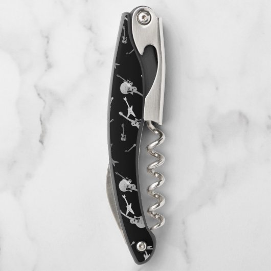 Guitar Bass Jazz Rock Schwarz-weiß Monogram CorkS Kellnermesser (Rückseite)