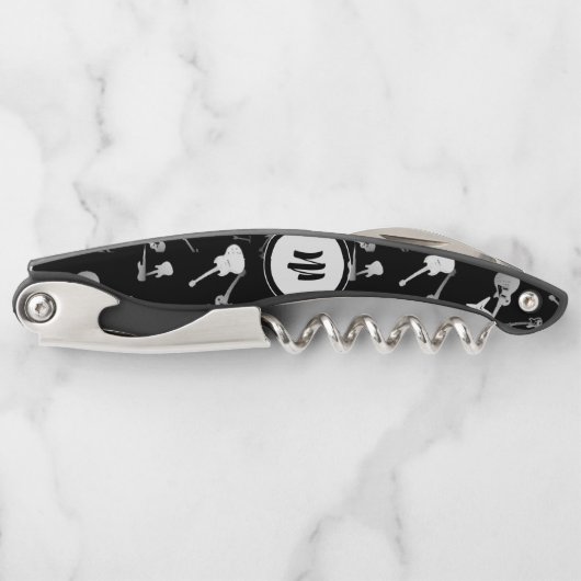 Guitar Bass Jazz Rock Schwarz-weiß Monogram CorkS Kellnermesser (Vorderseite)