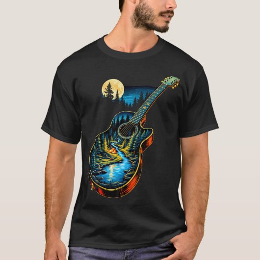 Guitar Lake Reflections Forest Pine Tree Moon Camp T-Shirt (Vorderseite)