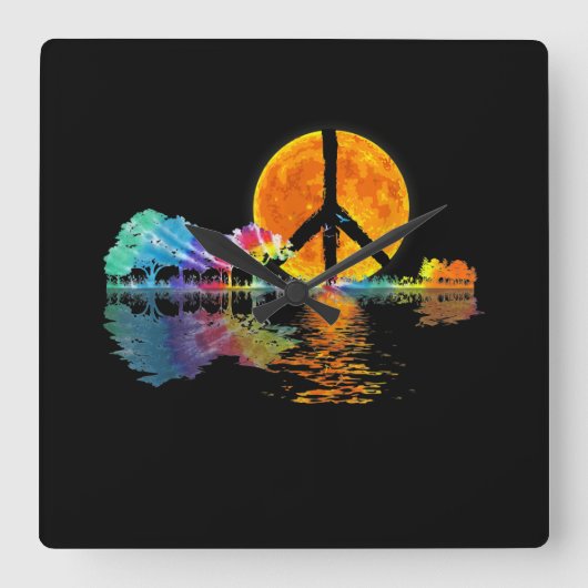 Guitar Lake Shadow Peace Love Guitar Hippie Quadratische Wanduhr (Vorderseite)