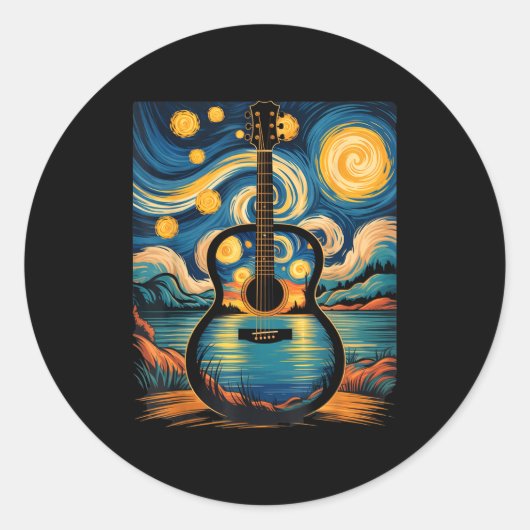 Guitar Lake Starry Night Music Guitarist Van Gogh  Runder Aufkleber (Vorderseite)