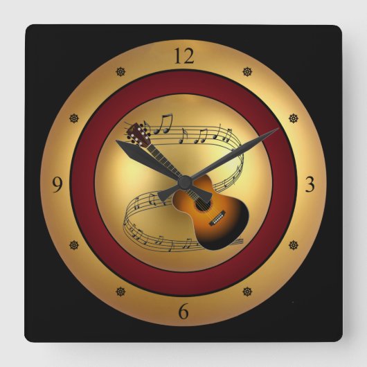 Guitar~Musical Scroll~Gold/Maroon/Black Quadratische Wanduhr (Vorderseite)