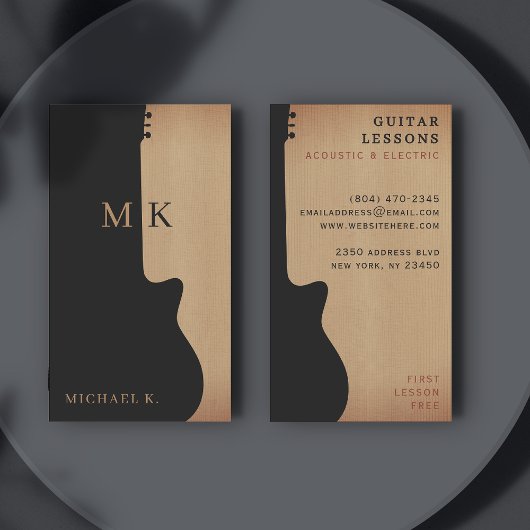Guitar Silhouette Tan Wood Monogram Guitarist Visitenkarte