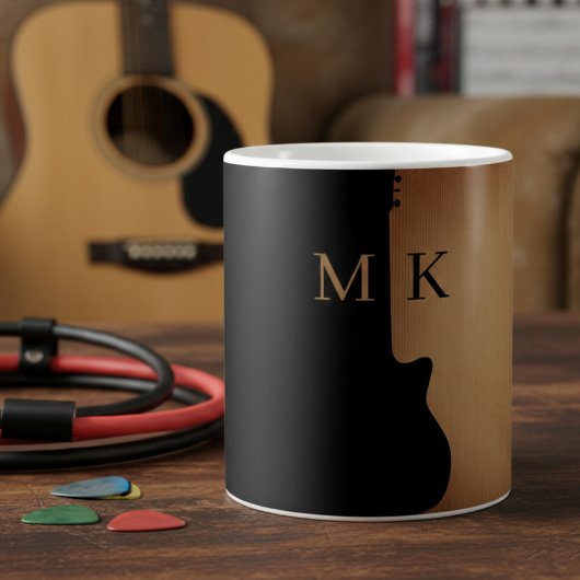 Guitar Silhouette Tan Wood Name Monogram Kaffeetasse