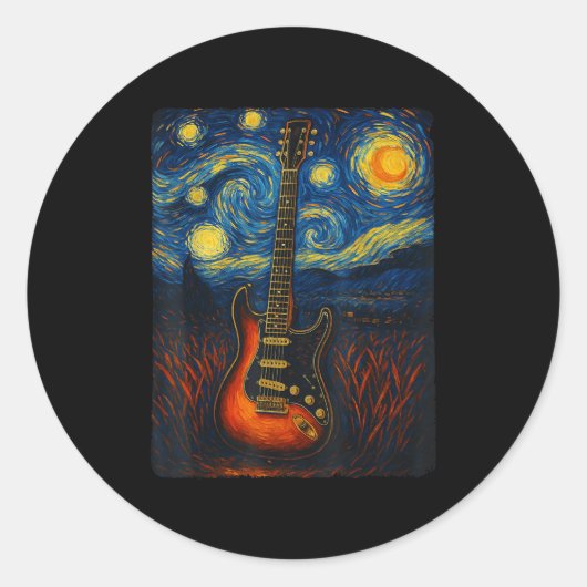 Guitar Starry Night Van Gogh Gitarrist Rock and Ro Runder Aufkleber (Vorderseite)