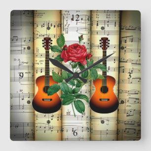 Guitars & Rose Rolled Sheet Music Great Gift Quadratische Wanduhr