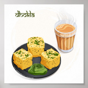 Gujarati Dhokla und heiße Masala Chai indische Foo Poster