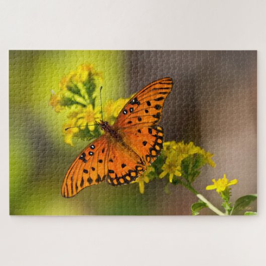 Gulf-Fritillarie oder Passionsfalter auf Goldrute Puzzle (Horizontal)