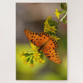 Gulf-Fritillarie oder Passionsfalter auf Goldrute Puzzle (Vertikal)