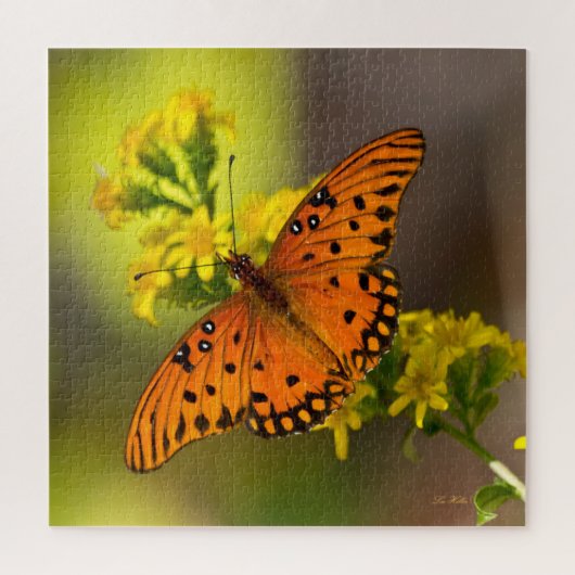 Gulf-Fritillary oder Passionsfalter auf Goldrute Puzzle (Vertikal)