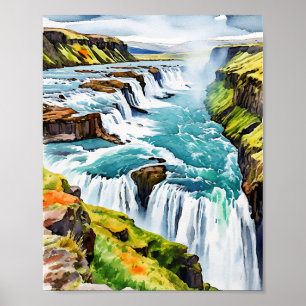 Gullfoss Island Watercolor Poster
