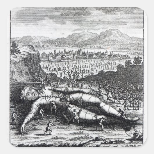 Gulliver, von den Lilliputianern gefangen Quadratischer Aufkleber (Vorderseite)