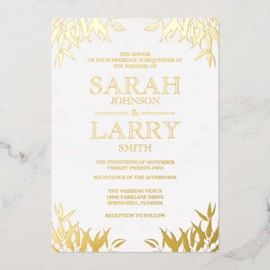 Gum Leaf Elegant Gold Traditionelle Hochzeit Folieneinladung (Vorderseite)