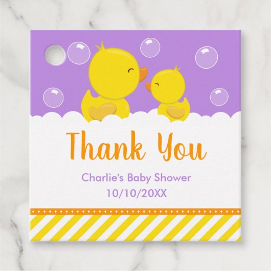Gumber Ducky Babydusche gelb Lila Danke Geschenkanhänger (Vorderseite)