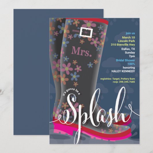 Gummi Boot Splash Bridal Dusche Einladung (Vorne/Hinten)