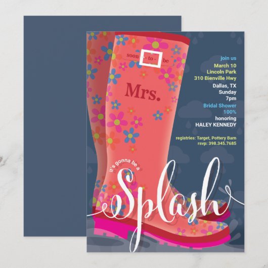 Gummi Boot Splash Bridal Dusche Einladung (Vorne/Hinten)