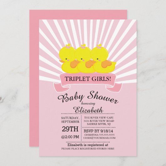 Gummi Duck Triplet Girls Babydusche Einladungen (Vorne/Hinten)
