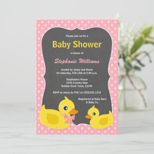 Gummi Ducky Baby Dusche Einladung Rosa & Gelb (Stehend Vorderseite)