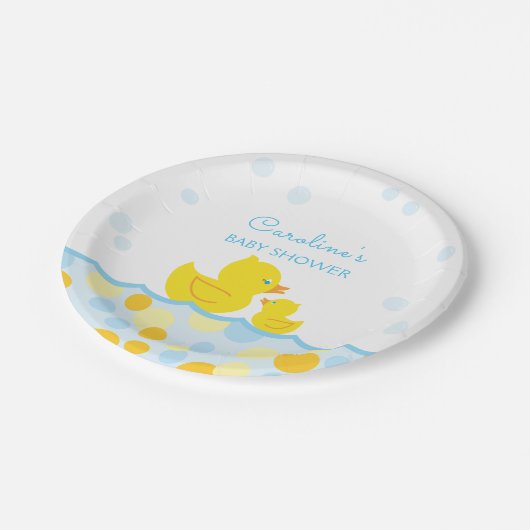 Gummi Ducky Blue & Yellow Baby Dusche Pappteller (Schrägansicht)
