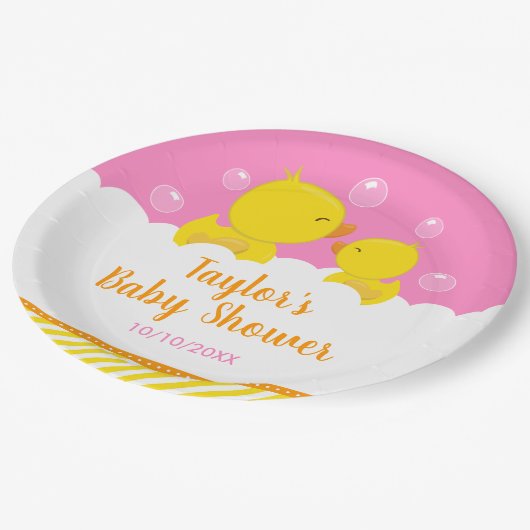 Gummi Ducky Yellow and Pink Baby Dusche Pappteller (Schrägansicht)