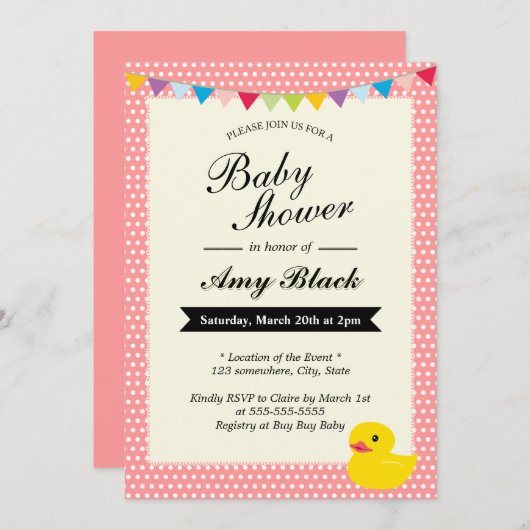 Gummienten-Bonbon punktiert rosa Einladung (Vorne/Hinten)