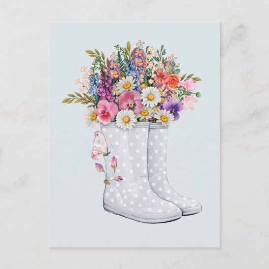 Gummistiefel mit Blumenstrauß Postkarte (Vorderseite)