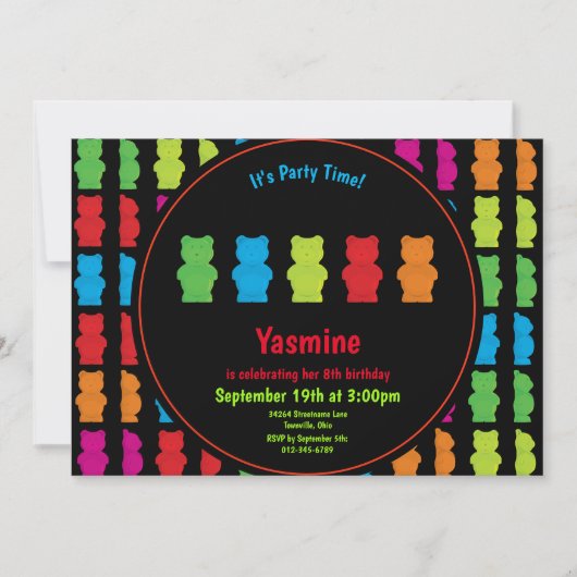 Gummy Bear Pattern Kid's Birthday Black Einladung (Vorderseite)
