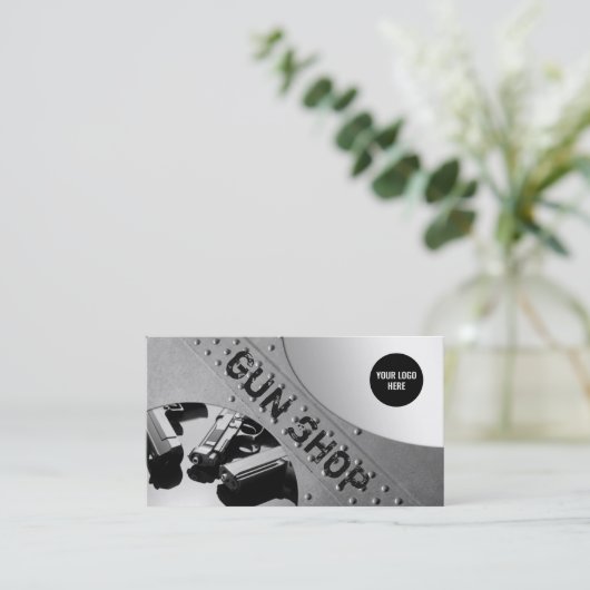 Gun Shop Metal Hintergrundkarte Visitenkarte (Stehend Vorderseite)