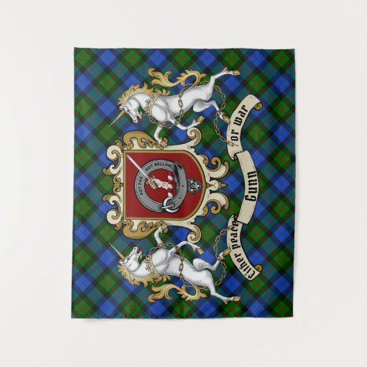 Gunn Clan Abzeichen & Unicorns w/Tartan Wandteppich (Vorderseite)