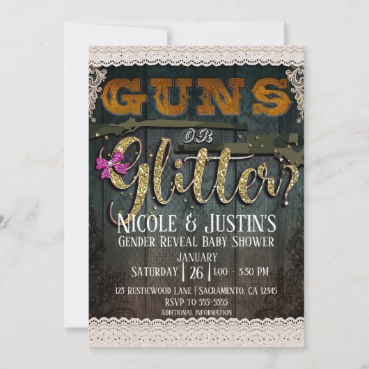 GUNS ODER GLITZER-Spitzhackendusche Einladung (Vorderseite)