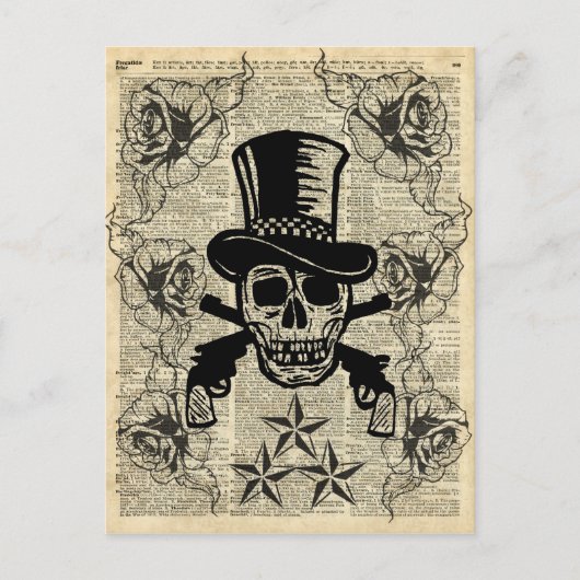 Gunslinger, Happy Skull, Kanonen, Rose, Geschenk,  Postkarte (Vorderseite)