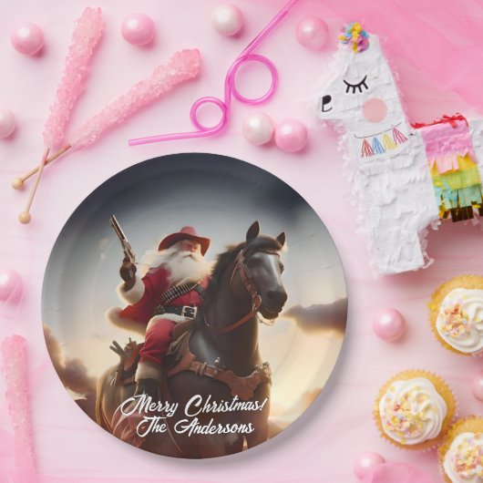 Gunslinger Santa Claus Reiten Weihnachten Pappteller (Party)