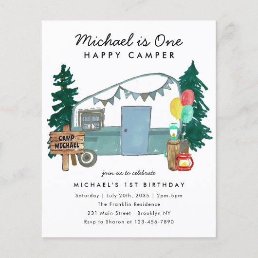 Günstige 1 Happy Camper Woods Camping 1. Geburtsta Flyer (Vorne)