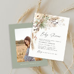 Günstige Babyduschpampen Moderne, elegante Fliege Flyer<br><div class="desc">Günstige Babydusche Pampas Gras und Eukalyptus moderne boho elegante Foto Party Design. In einer zeitgenössischen Terrakotta,  Salbei grün,  natürlich,  creme und schwarz.</div>