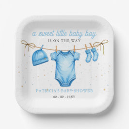Günstige Wäscheleine Blau Junge Baby Shower Einlad Pappteller