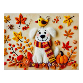 Gürtelhund mit Herbstblättern und einem Vogel Poster