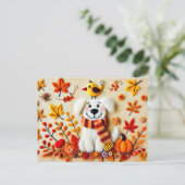 Gürtelhund mit Herbstblättern und einem Vogel Postkarte (Stehend Vorderseite)