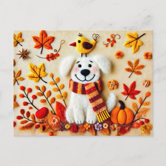 Gürtelhund mit Herbstblättern und einem Vogel Postkarte (Vorderseite)