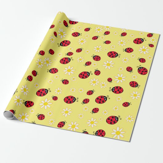 gürtlich niedlicher Ladybug und dunkelgelbe Blume Geschenkpapier (Ungerollt)