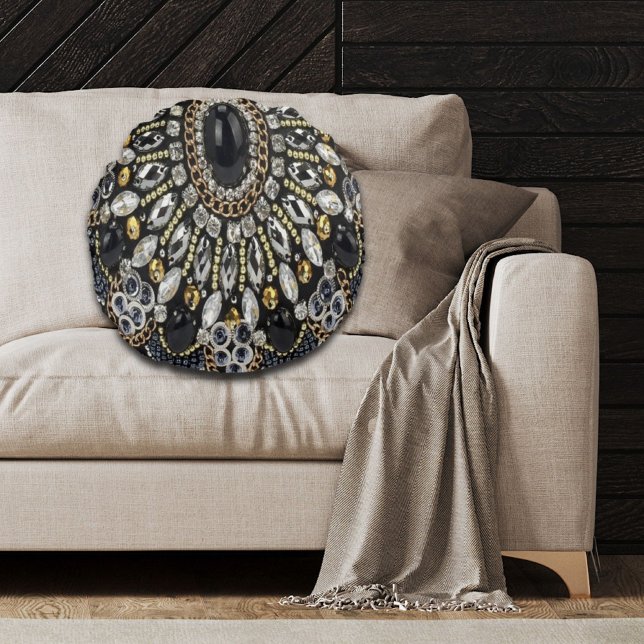 gürtnerisch Glam Art Deko Rundes Kissen (girly glam art deco black gold bohemian round pillow)