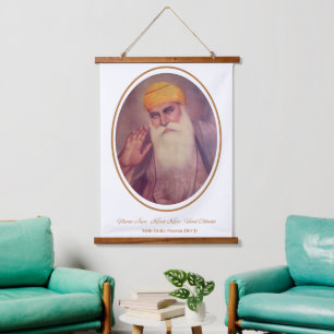 Guru Nanak Dev Handmade Vintages Portrait Wandteppich Mit Holzrahmen