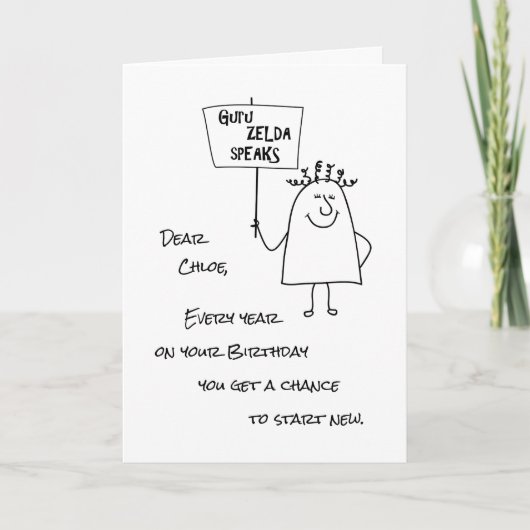 Guru Zelda spricht glücklich über das neue Geburts Feiertagskarte (Vorderseite)
