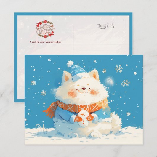 Guscheliger Samojede-Hund mit Mini-Schneemann Postkarte (Vorne/Hinten)