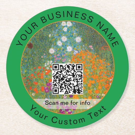 Gustav Klimt - Blumengarten QR-Code Runder Pappuntersetzer (Vorderseite)