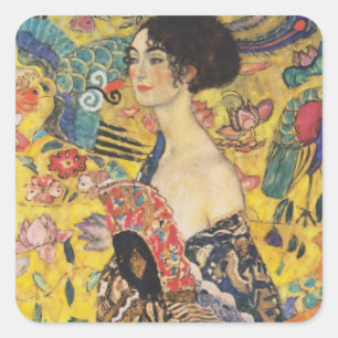 Gustav Klimt Dame mit Fächer Art Nouveau Gemälde Quadratischer Aufkleber