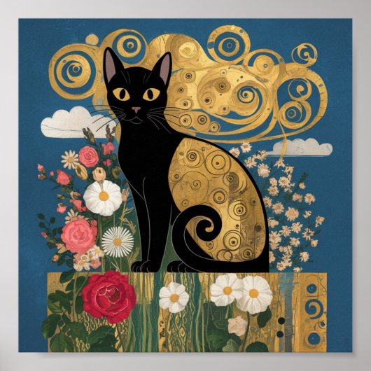 Gustav Klimt Floral Black Cat, moderne eklektische Poster (Vorne)