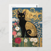 Gustav Klimt Floral Black Cat, moderne eklektische Postkarte (Vorne/Hinten)