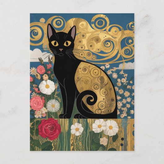 Gustav Klimt Floral Black Cat, moderne eklektische Postkarte (Vorderseite)