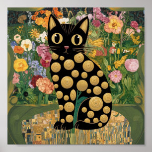 Gustav Klimt Floral Black Cat Moderne Kunst, Dicht Poster