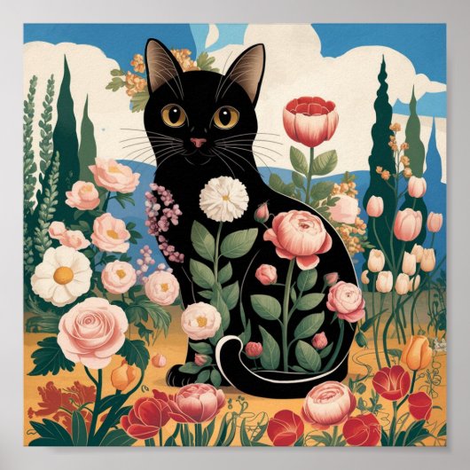 Gustav Klimt Floral Black Cat Moderne Kunst, Dicht Poster (Vorne)